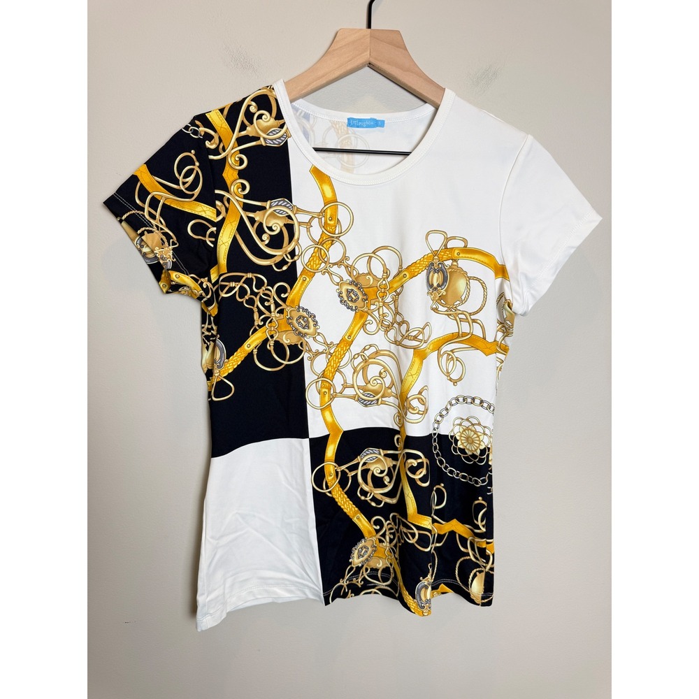 J.McLaughlin Equestrian Catalina Cloth Chain Black White Short Sleeve Top S